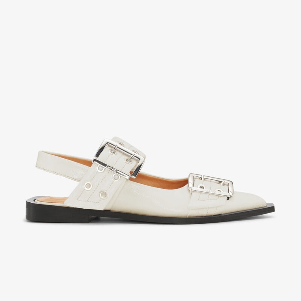 Ganni Feminine Buckle Ballerinas in Ivory